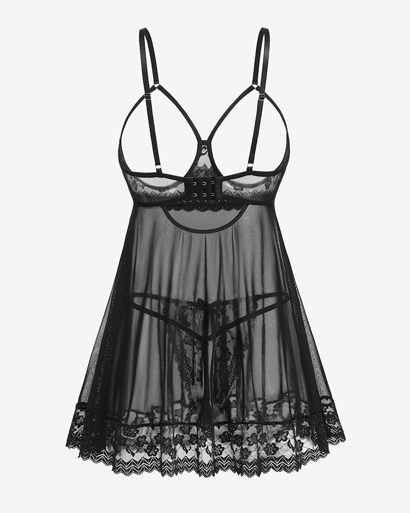 Cupless Lace Babydoll Crotchless Panty Set