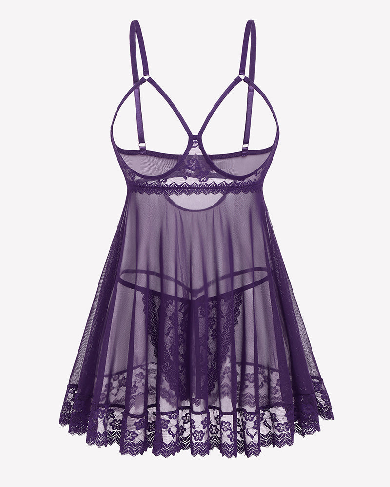Cupless Lace Babydoll Crotchless Panty Set