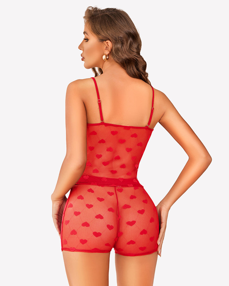 Sheer Back Heart Lace Pajama Set