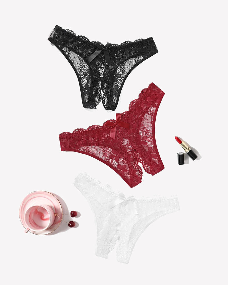 Floral Lace Briefs Hollow Out Bow Underwear