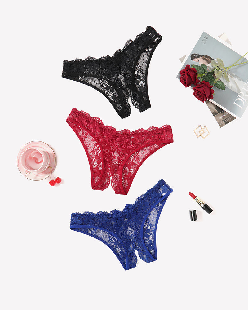 Floral Lace Briefs Hollow Out Bow Underwear