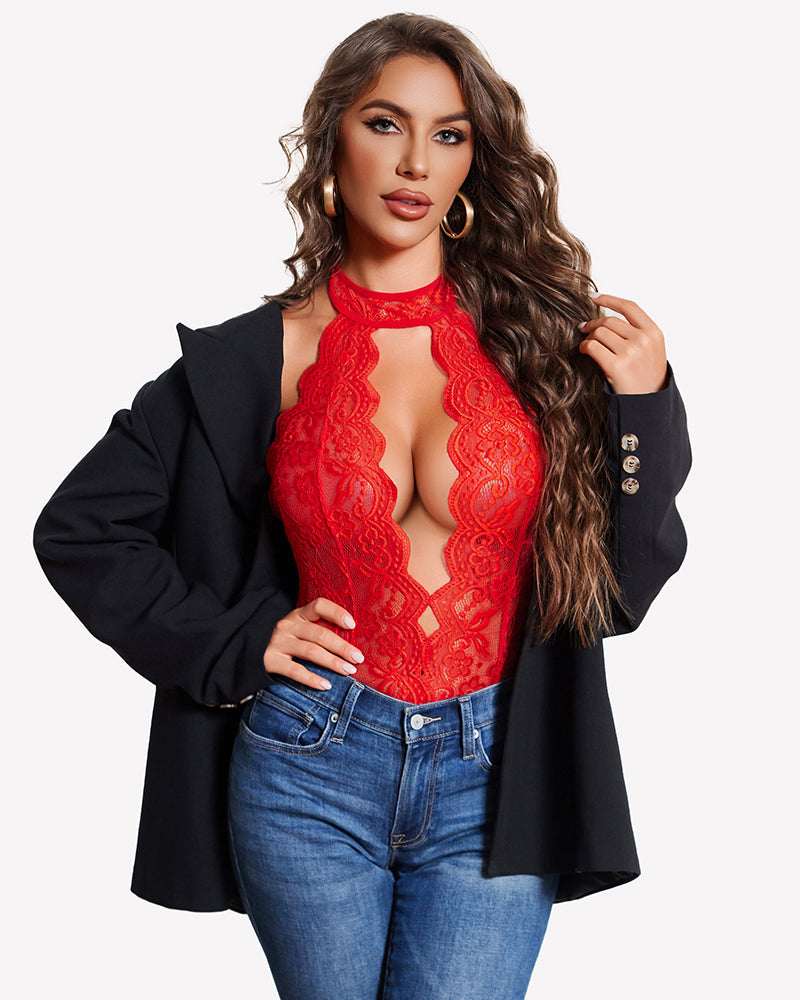 Halter Lace Bodysuit Deep V Teddy