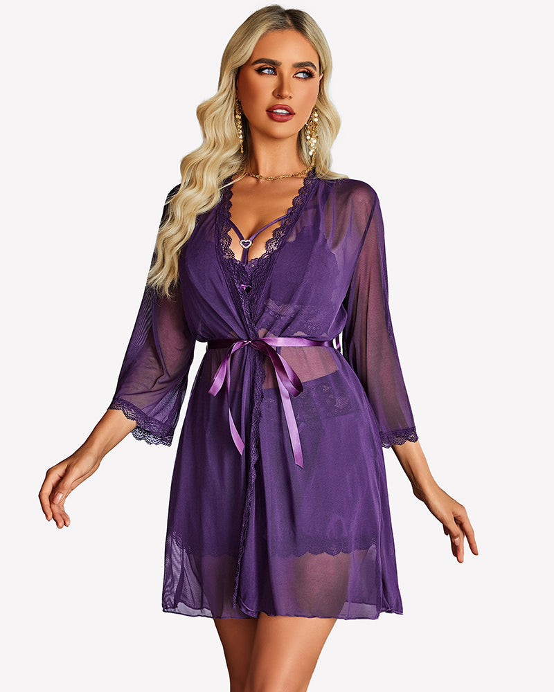 Lace Bra and Silk Satin Shorts with Mesh Robe