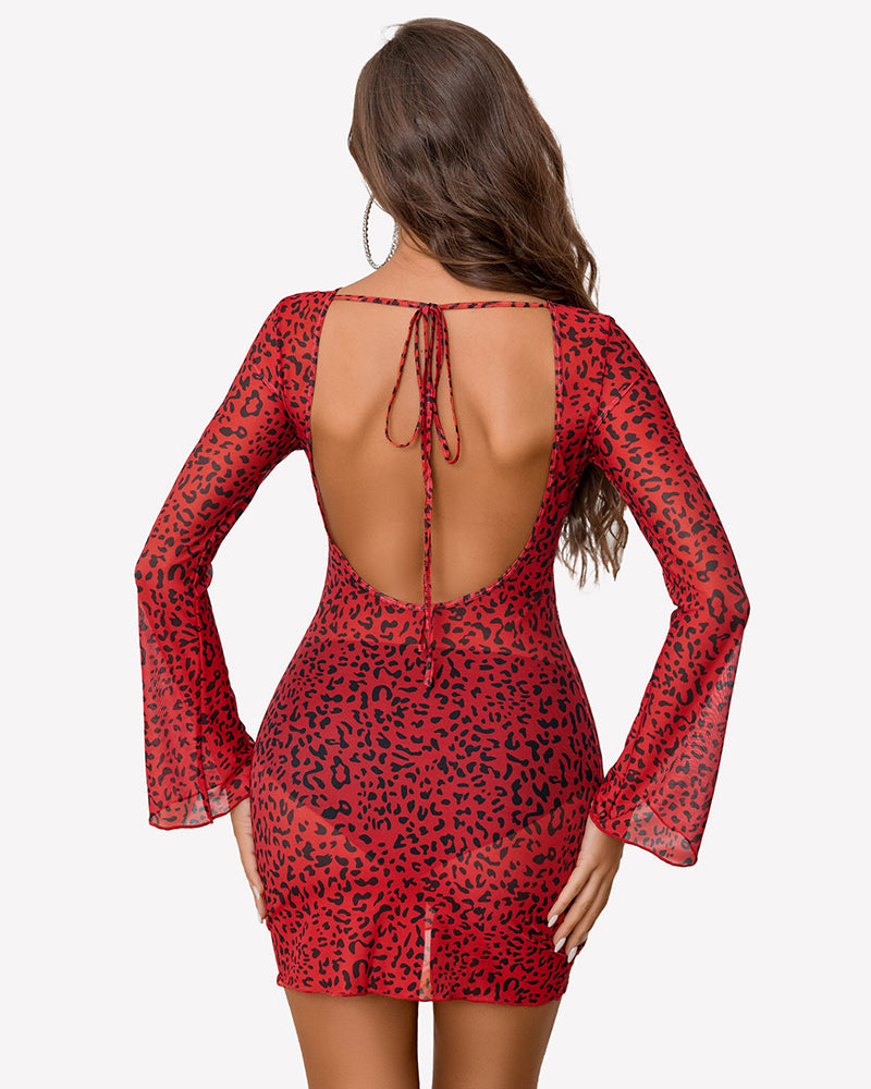 Mesh Backless Bell Sleeve Mini Dresses