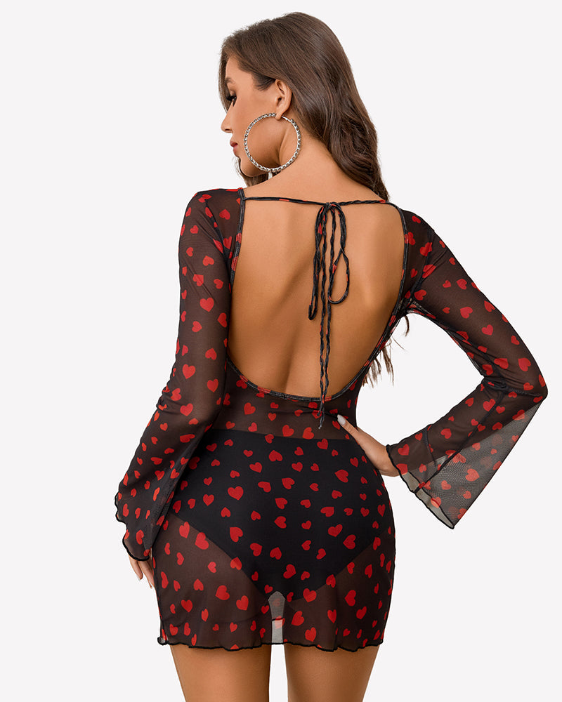 Mesh Backless Bell Sleeve Mini Dresses