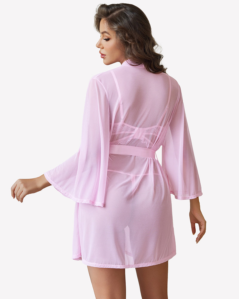 3 Piece Set Sheer Mesh Robe with Lace Bra and Thong