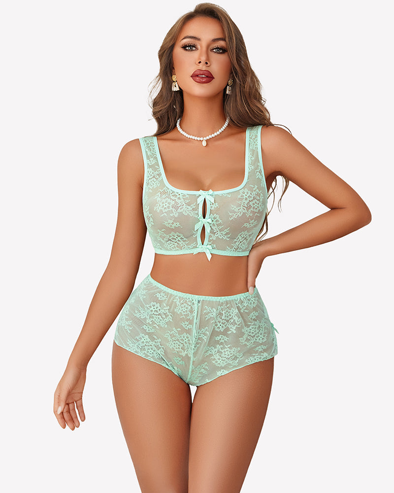 Bow Pajama Set Sheer Floral Lace Bra and Panty