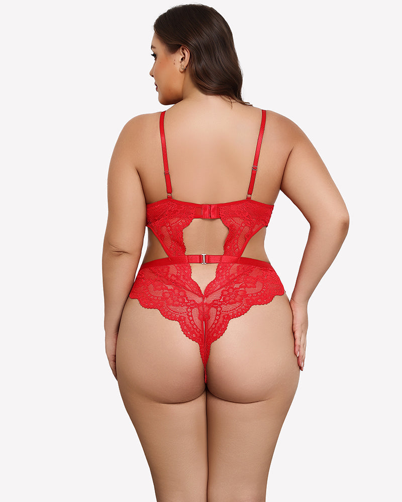 Plus Size Deep V Lace Teddy Cut Out Bodysuit