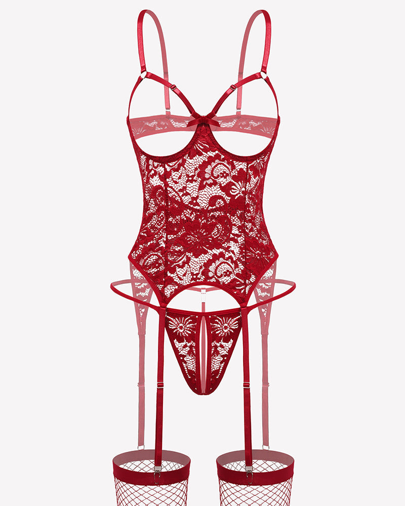 Cutout Corset Lingerie Set with Panty & Stockings