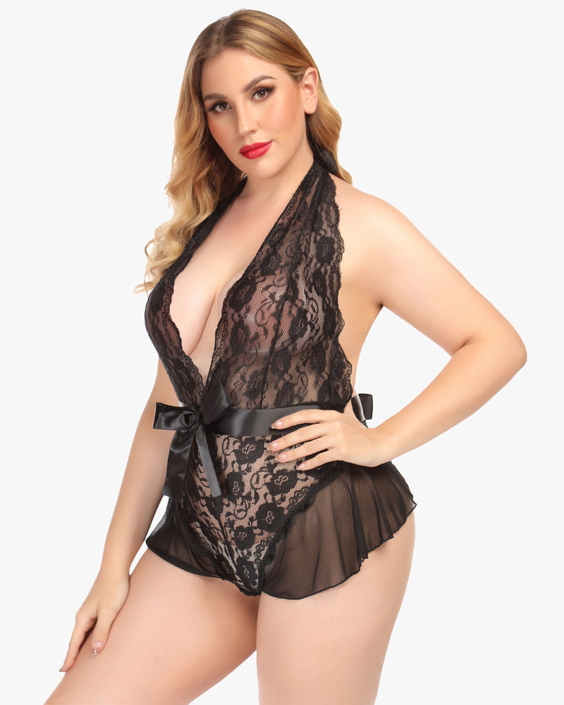 Leopard Lace Halter V Neck Bodysuit
