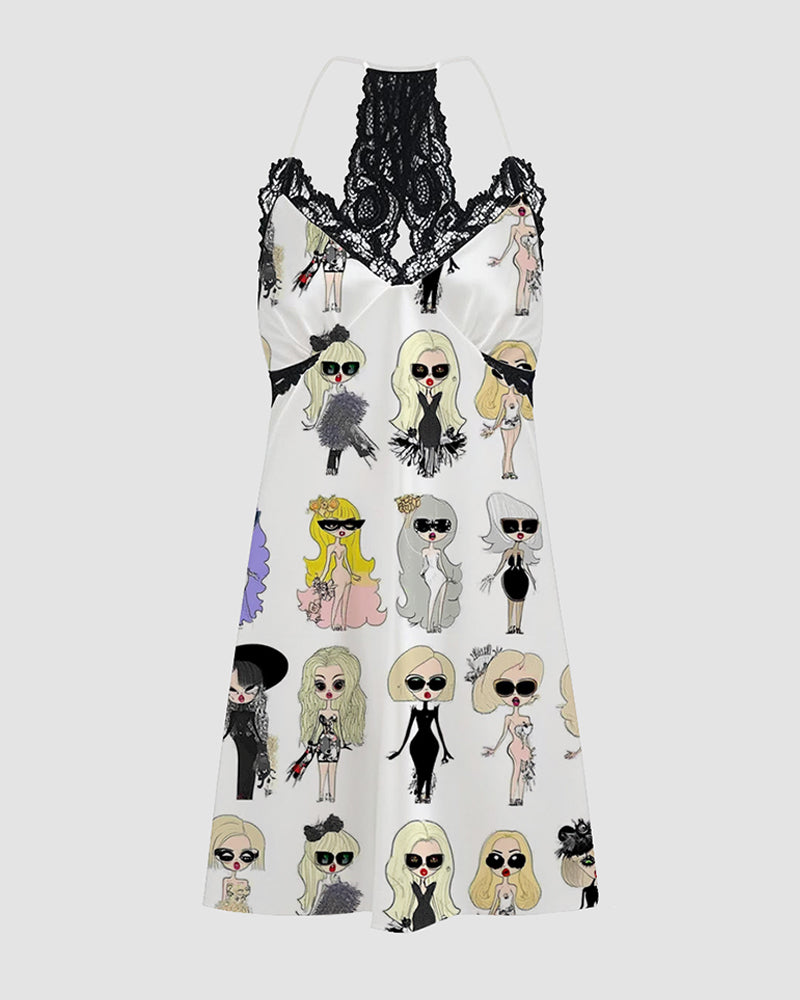 Women  Music Theme Graffiti Satin Suspender Pajamas