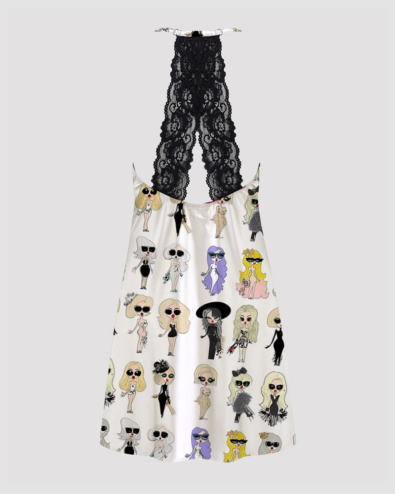 Women  Music Theme Graffiti Satin Suspender Pajamas