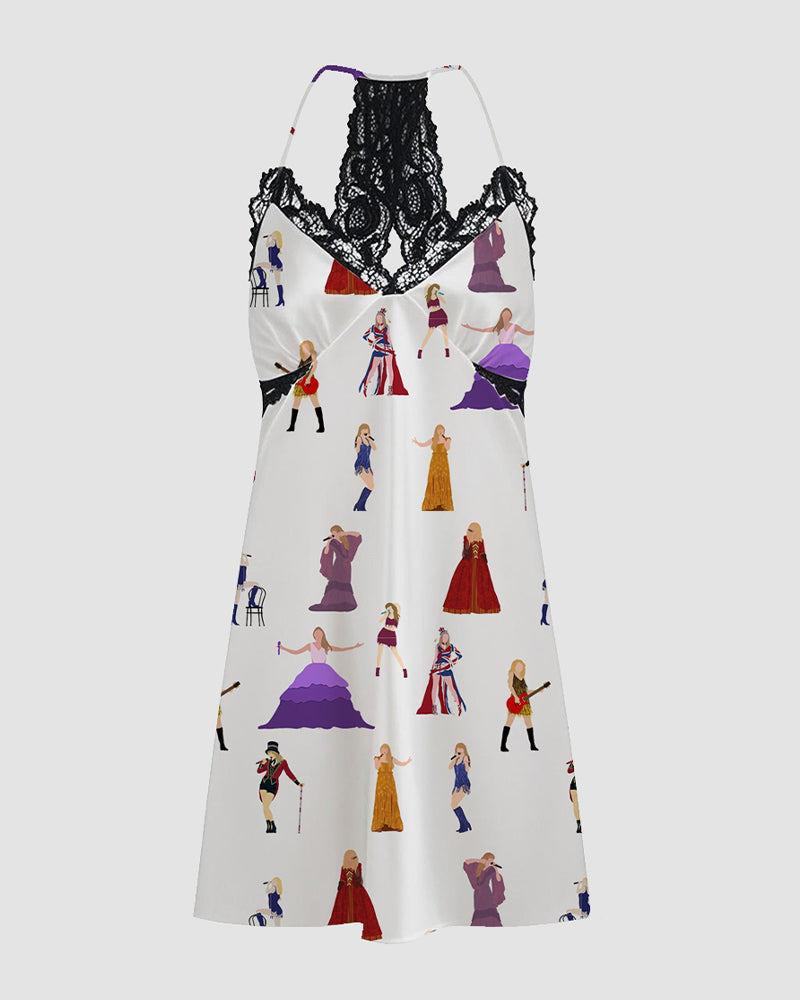 Women Retro Graffiti Cartoon Pattern Satin Suspender Pajamas