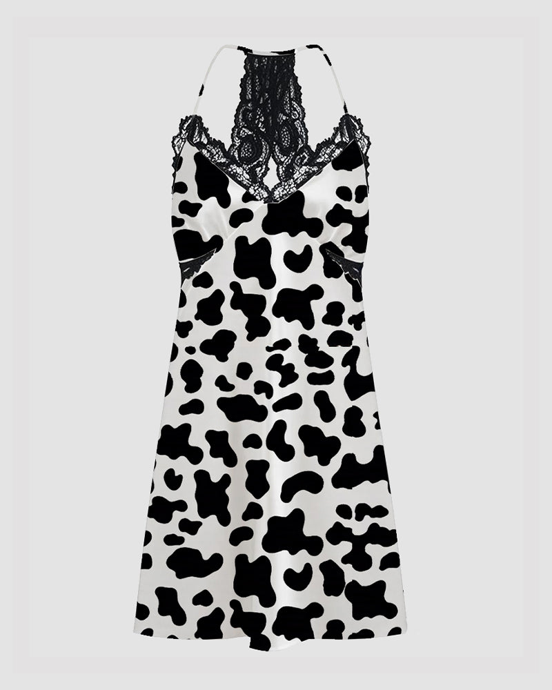 Women Pink Cow Print Satin Suspender Pajamas