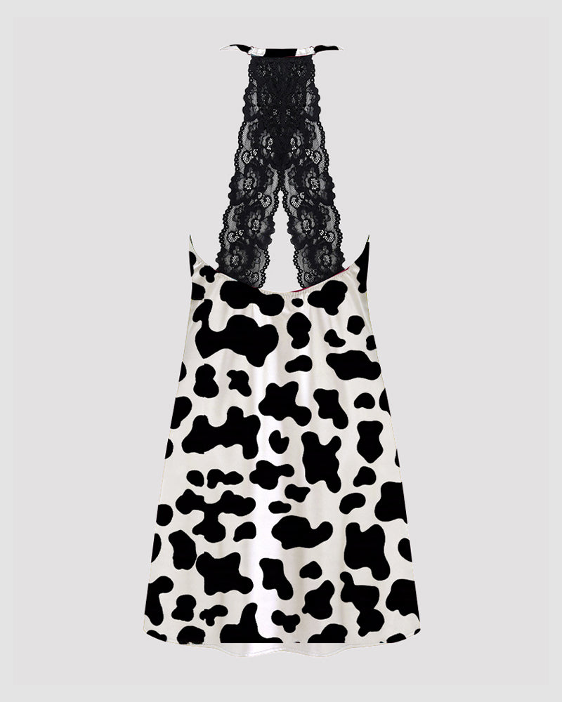 Women Black Cow Print Satin Suspender Pajamas
