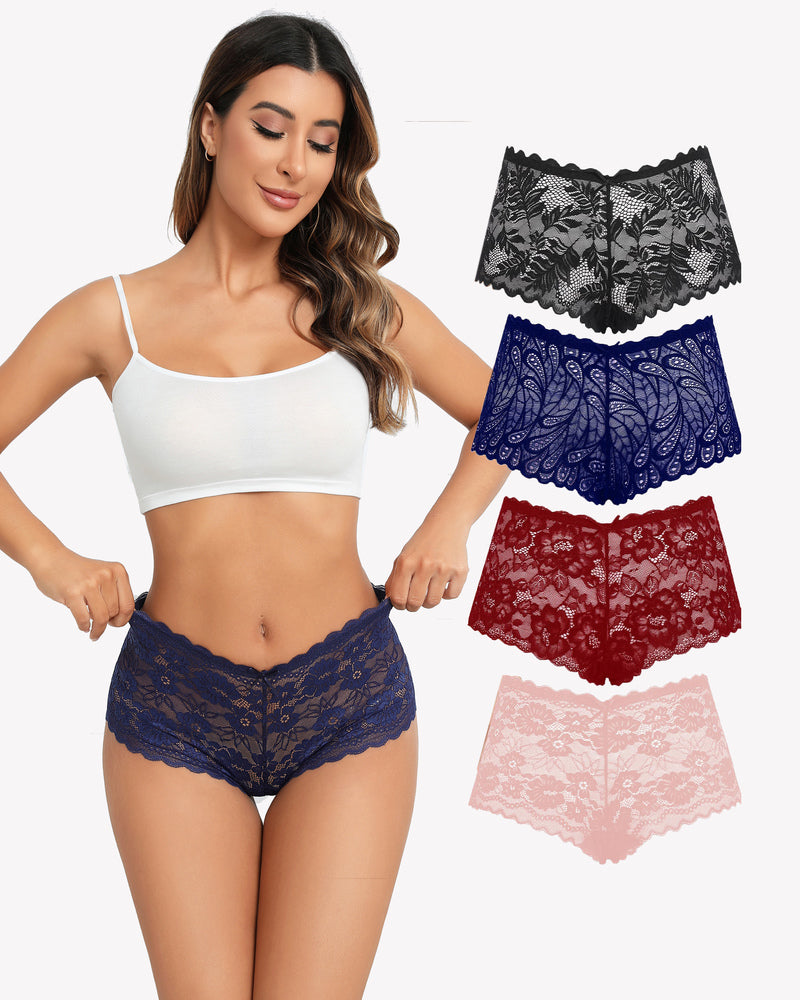 4 Pcs Floral Lace Panties Mid-rise Panty
