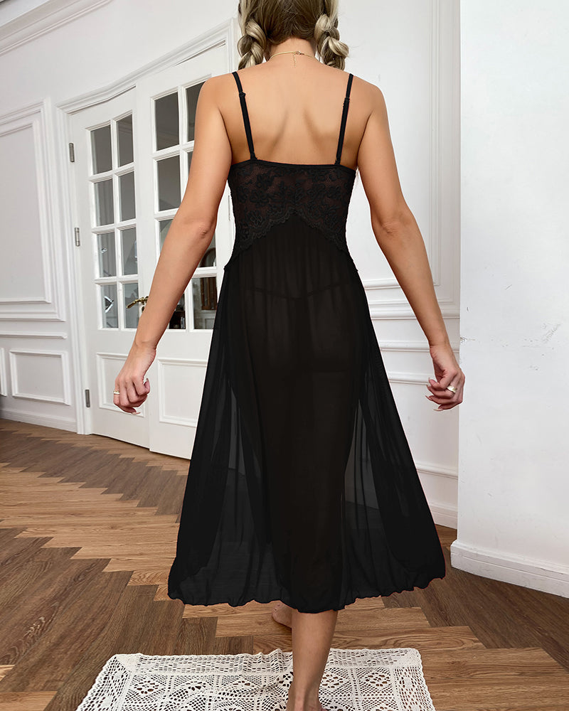 Mesh Deep V Lace Side Slit Dress