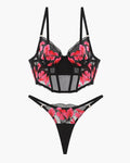 Embroidered Corset Bra and Thong 2 Sets