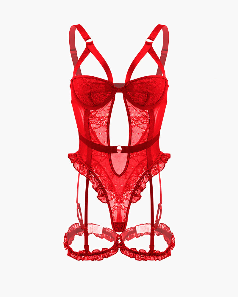 Backless Lace Garter Teddy With Leg Rings