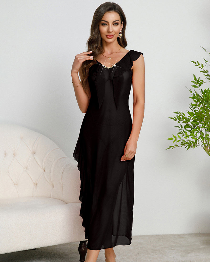 Deep V-neck Pleated Lace Side Slit Mesh Dress