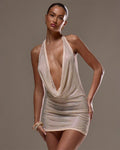 Halter Neck Draped Mesh Diamonte Mini Dress