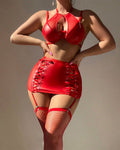 Cutout Halter Leather Mini Skirt Socks Set